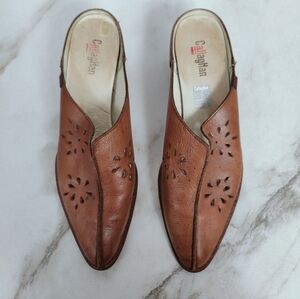 CallagHan Cognac Leather Floral Cut Outs Slides Mules Sandals, Sz 41 (US 9.5)